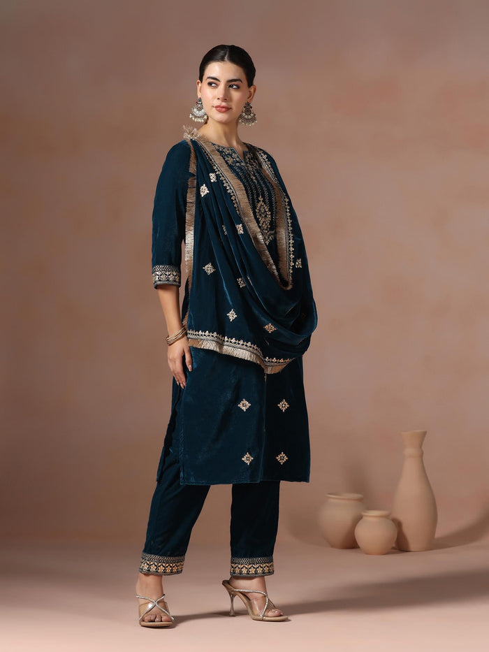 Winter Women Teal Embroidered Velvet Kurta Comfort Pant Dupatta.