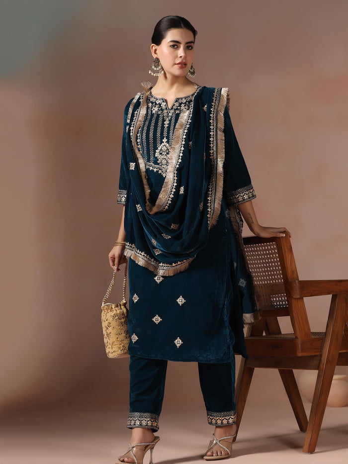 Winter Women Teal Embroidered Velvet Kurta Comfort Pant Dupatta.