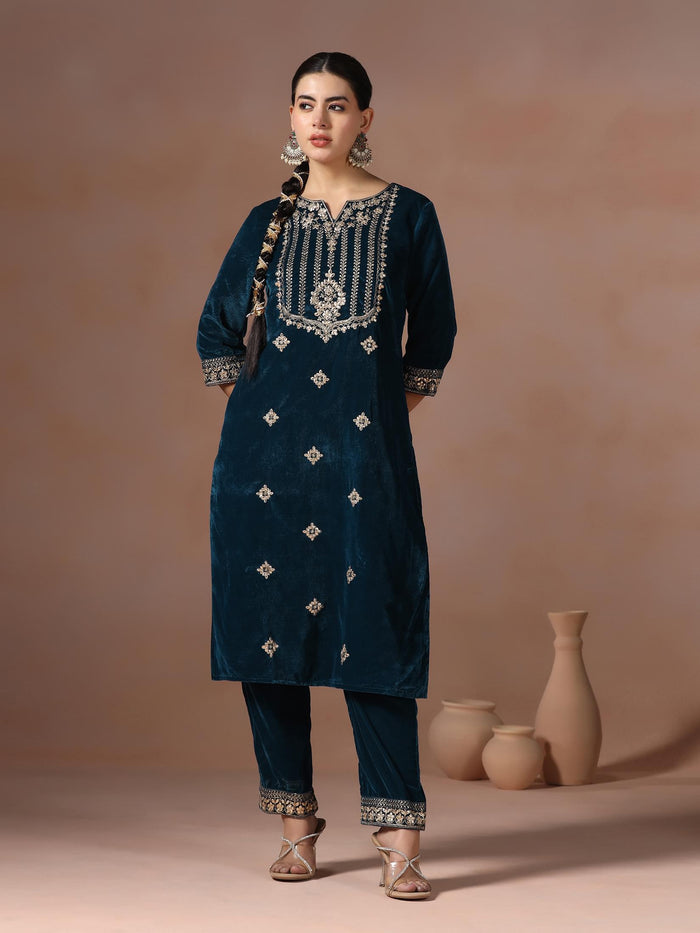 Winter Women Teal Embroidered Velvet Kurta Comfort Pant Dupatta.