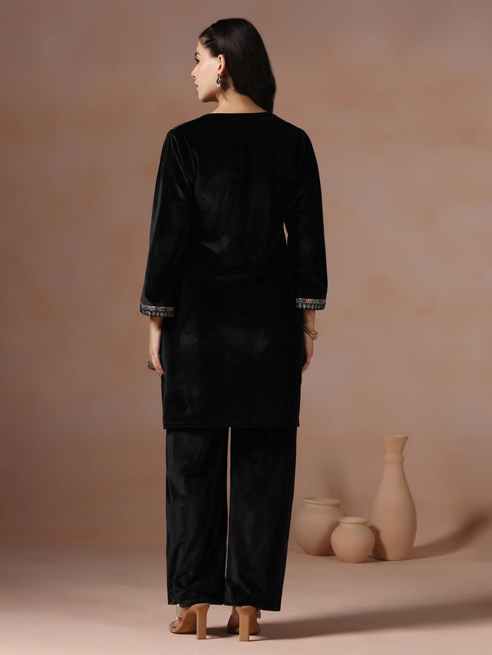 Winter Women Velvet Black Embroidered Co-Ord Set.