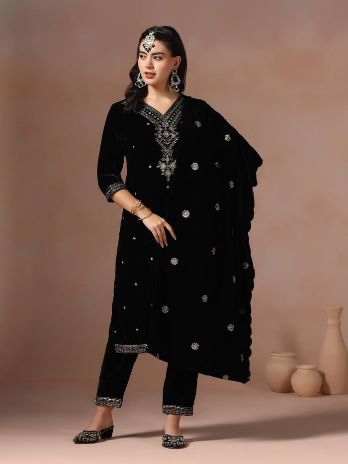 Winter Women Velvet Black Embroidered Kurta Comfort Pant Dupatta.