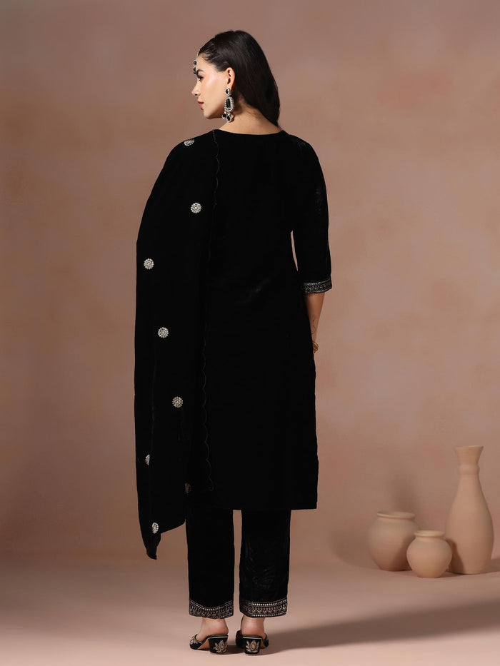 Winter Women Velvet Black Embroidered Kurta Comfort Pant Dupatta.