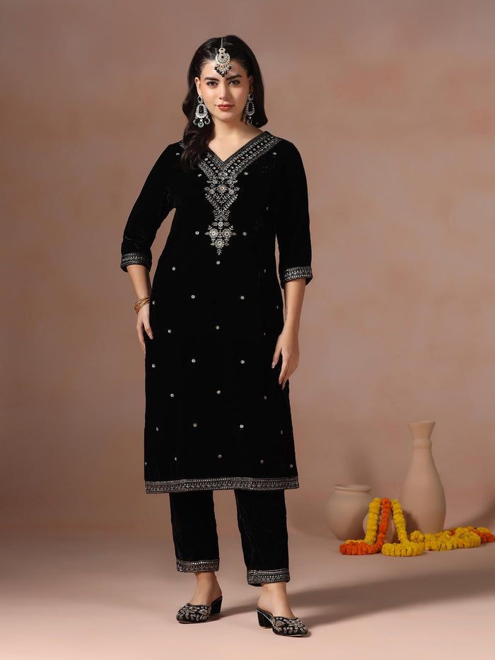 Winter Women Velvet Black Embroidered Kurta Comfort Pant Dupatta.