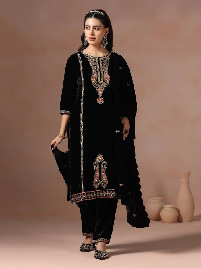 Winter Women Velvet Black Embroidered Kurta Comfort Pant With Dupatta.
