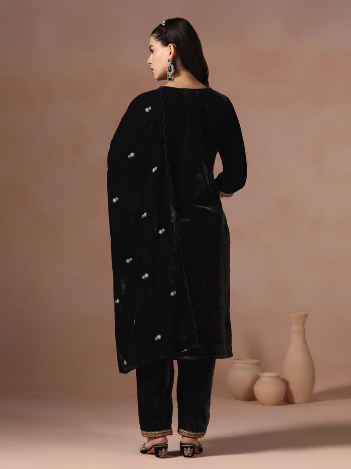 Winter Women Velvet Black Embroidered Kurta Comfort Pant With Dupatta.