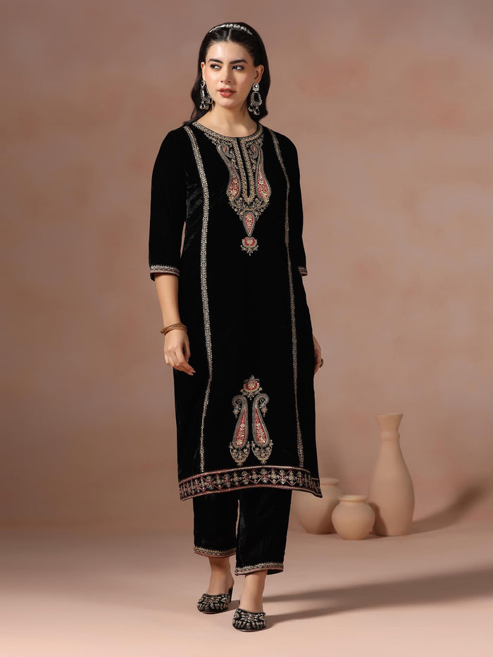 Winter Women Velvet Black Embroidered Kurta Comfort Pant With Dupatta.