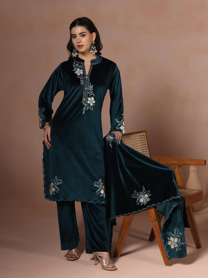 Winter Women Velvet Blue Embroidered Kurta Comfort Pant Dupatta.