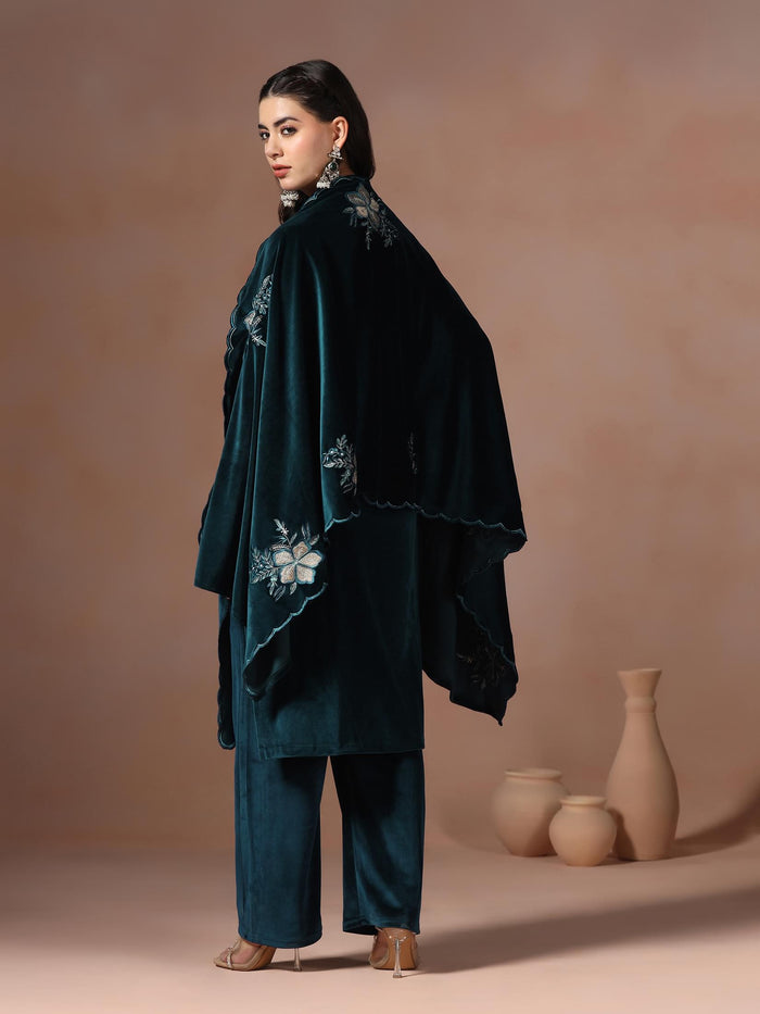 Winter Women Velvet Blue Embroidered Kurta Comfort Pant Dupatta.