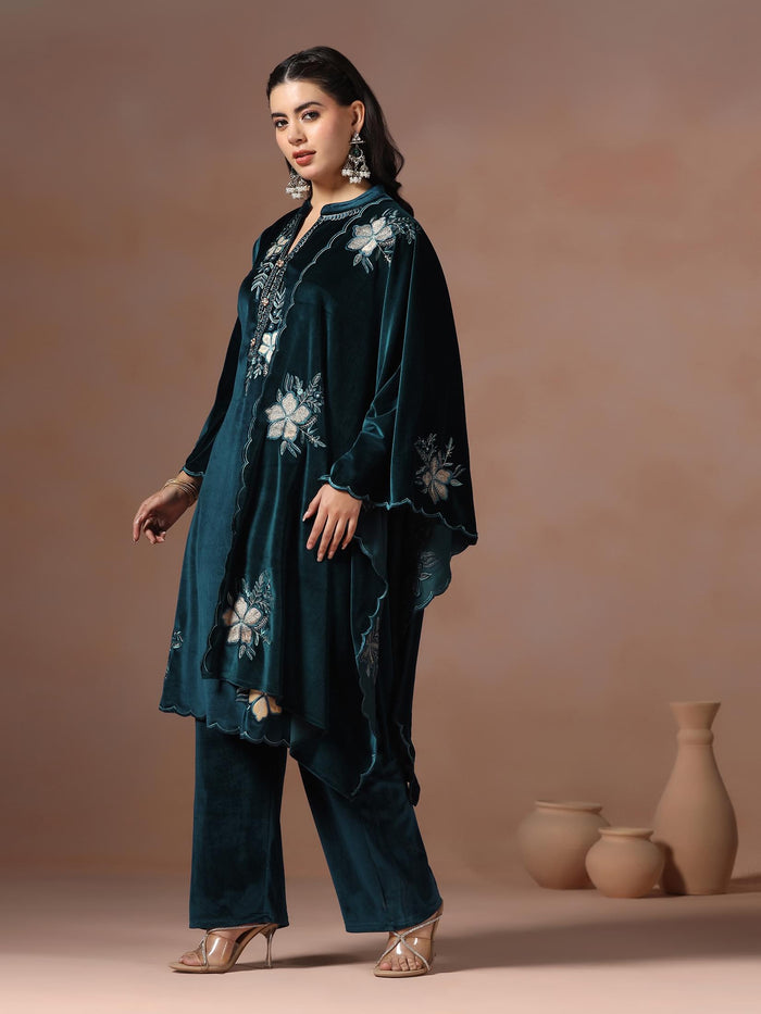 Winter Women Velvet Blue Embroidered Kurta Comfort Pant Dupatta.