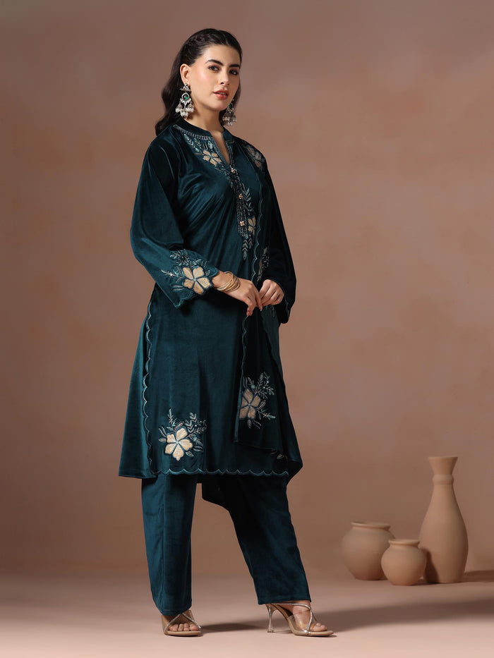 Winter Women Velvet Blue Embroidered Kurta Comfort Pant Dupatta.