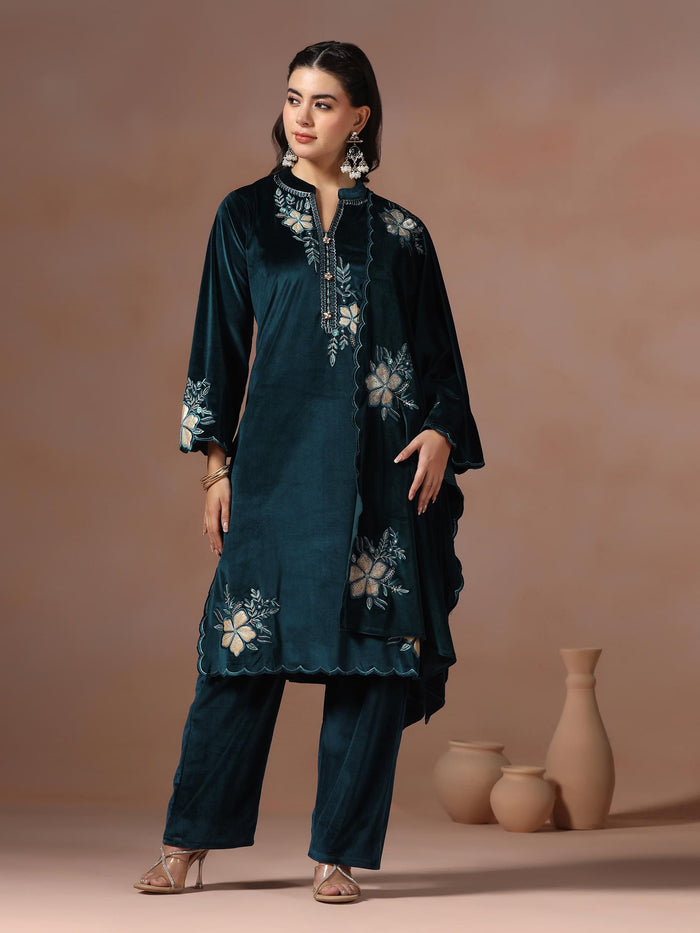 Winter Women Velvet Blue Embroidered Kurta Comfort Pant Dupatta.