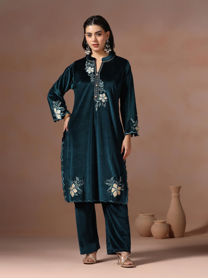 Winter Women Velvet Blue Embroidered Kurta Comfort Pant Dupatta.