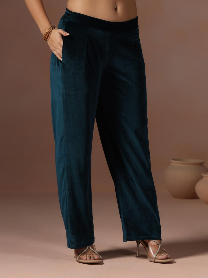 Winter Women Velvet Blue Embroidered Kurta Comfort Pant Dupatta.