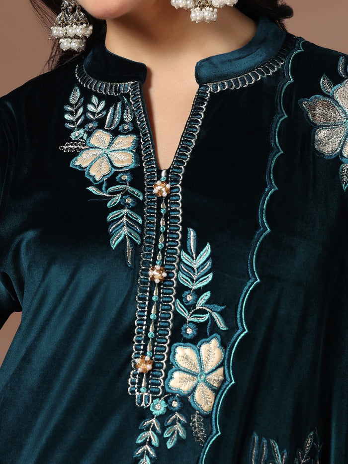 Winter Women Velvet Blue Embroidered Kurta Comfort Pant Dupatta.