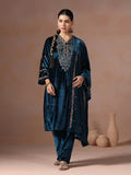 Winter Women Velvet Blue Embroidered Kurta Comfort Pant With Dupatta.
