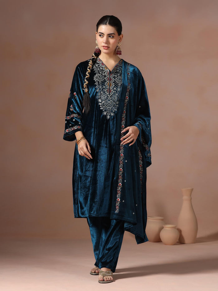Winter Women Velvet Blue Embroidered Kurta Comfort Pant With Dupatta.