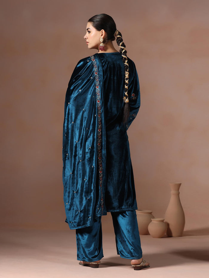 Winter Women Velvet Blue Embroidered Kurta Comfort Pant With Dupatta.