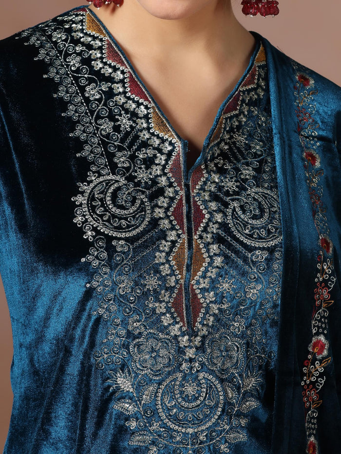 Winter Women Velvet Blue Embroidered Kurta Comfort Pant With Dupatta.
