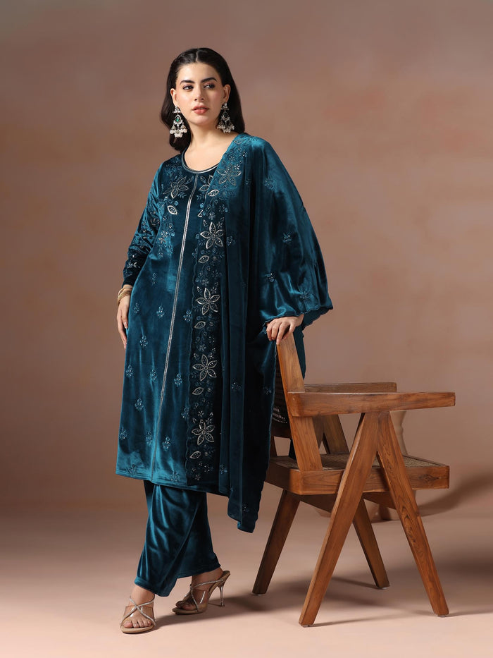 Winter Women Velvet Blue Embroidered Kurta With Comfort Pant Dupatta.