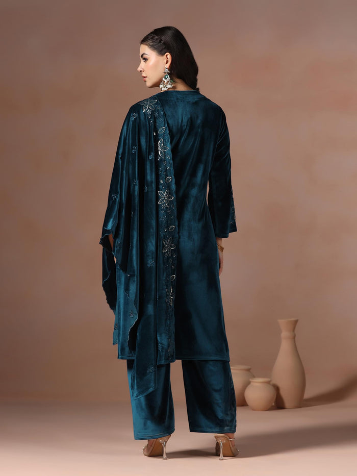 Winter Women Velvet Blue Embroidered Kurta With Comfort Pant Dupatta.