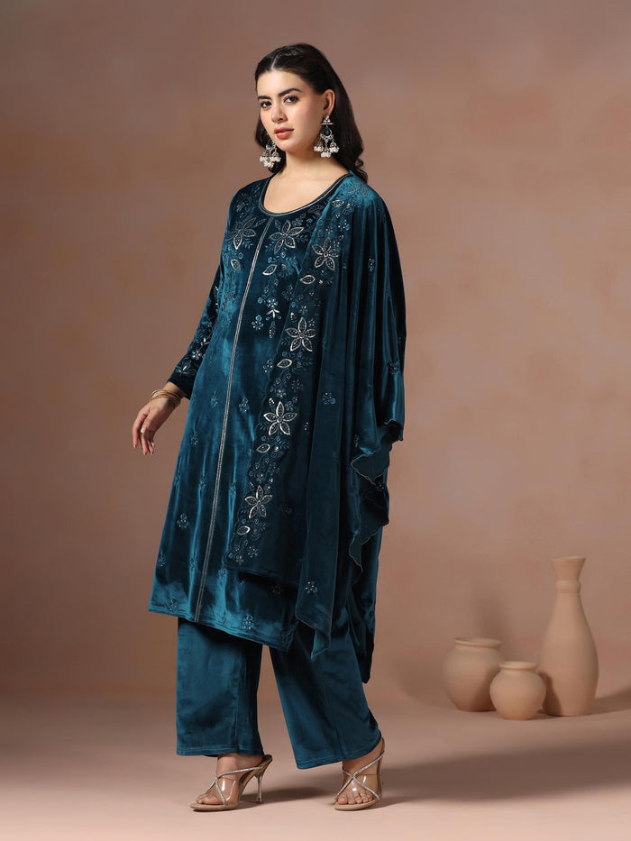 Winter Women Velvet Blue Embroidered Kurta With Comfort Pant Dupatta.