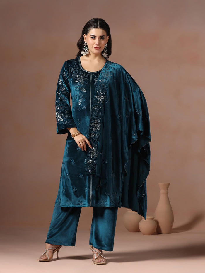 Winter Women Velvet Blue Embroidered Kurta With Comfort Pant Dupatta.