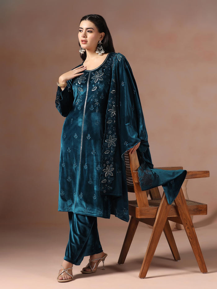 Winter Women Velvet Blue Embroidered Kurta With Comfort Pant Dupatta.