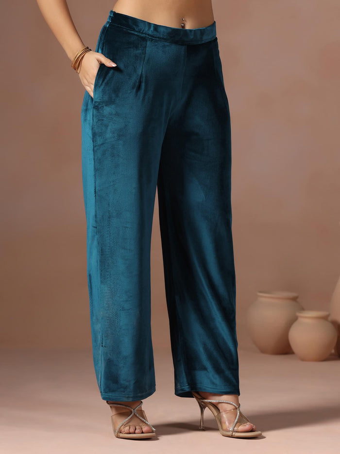 Winter Women Velvet Blue Embroidered Kurta With Comfort Pant Dupatta.