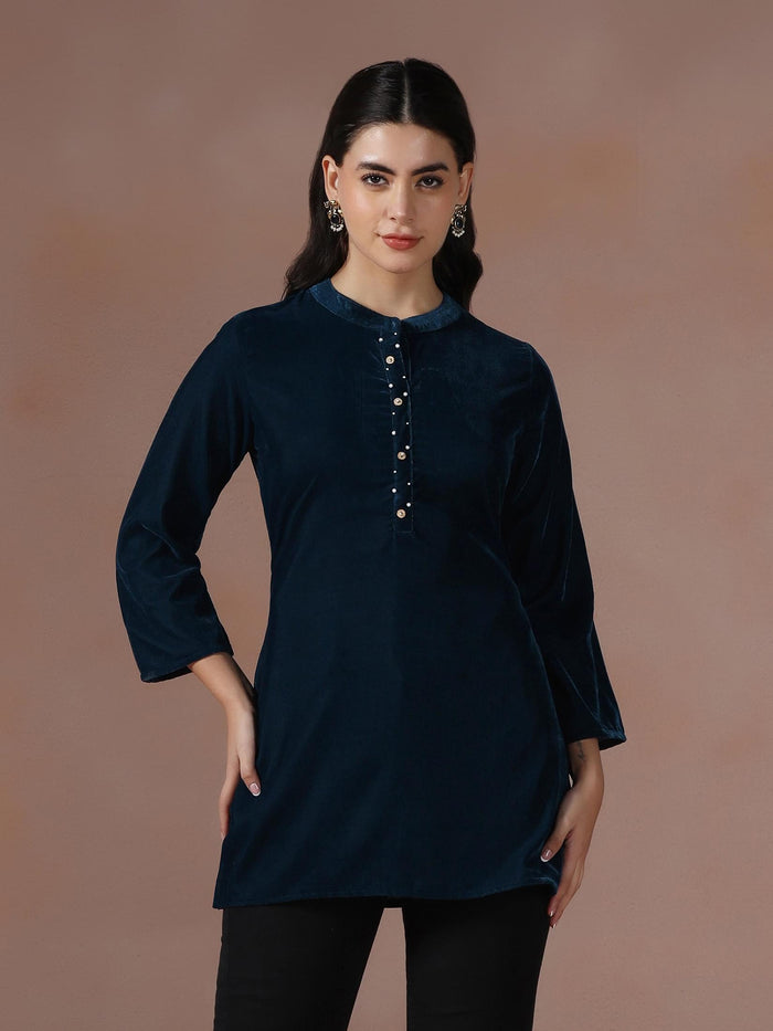 Winter Women Velvet Blue Solid Tunic.