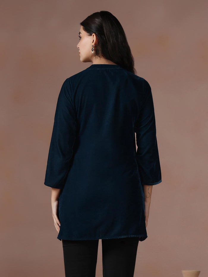 Winter Women Velvet Blue Solid Tunic.