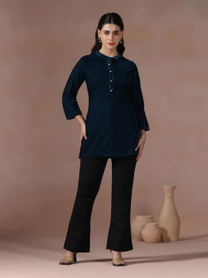 Winter Women Velvet Blue Solid Tunic.