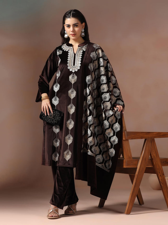 Winter Women Velvet Brown Embroidered Kurta Comfort Pant Dupatta.