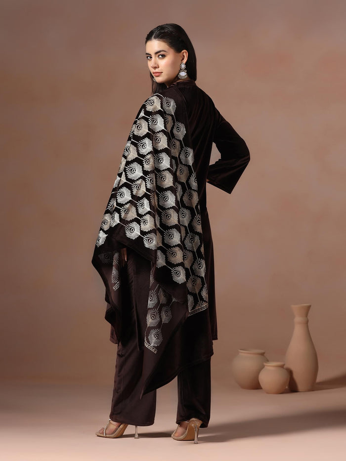 Winter Women Velvet Brown Embroidered Kurta Comfort Pant Dupatta.