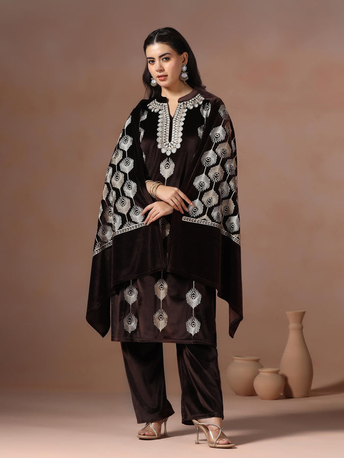 Winter Women Velvet Brown Embroidered Kurta Comfort Pant Dupatta.