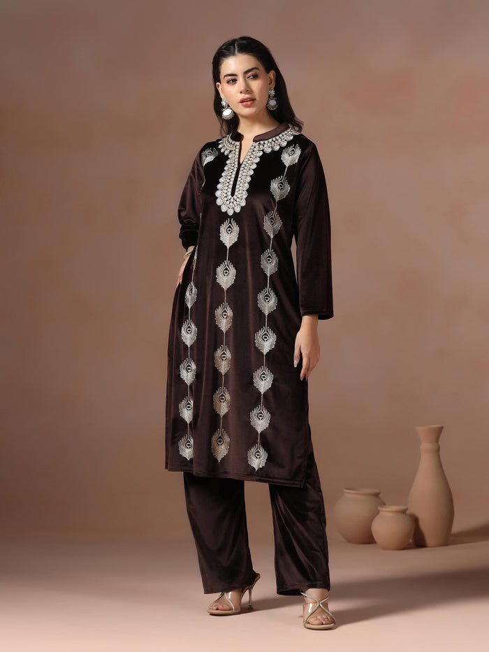 Winter Women Velvet Brown Embroidered Kurta Comfort Pant Dupatta.