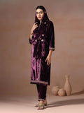 Winter Women Velvet Burgundy Embroidered Kurta Comfort Pant Dupatta.
