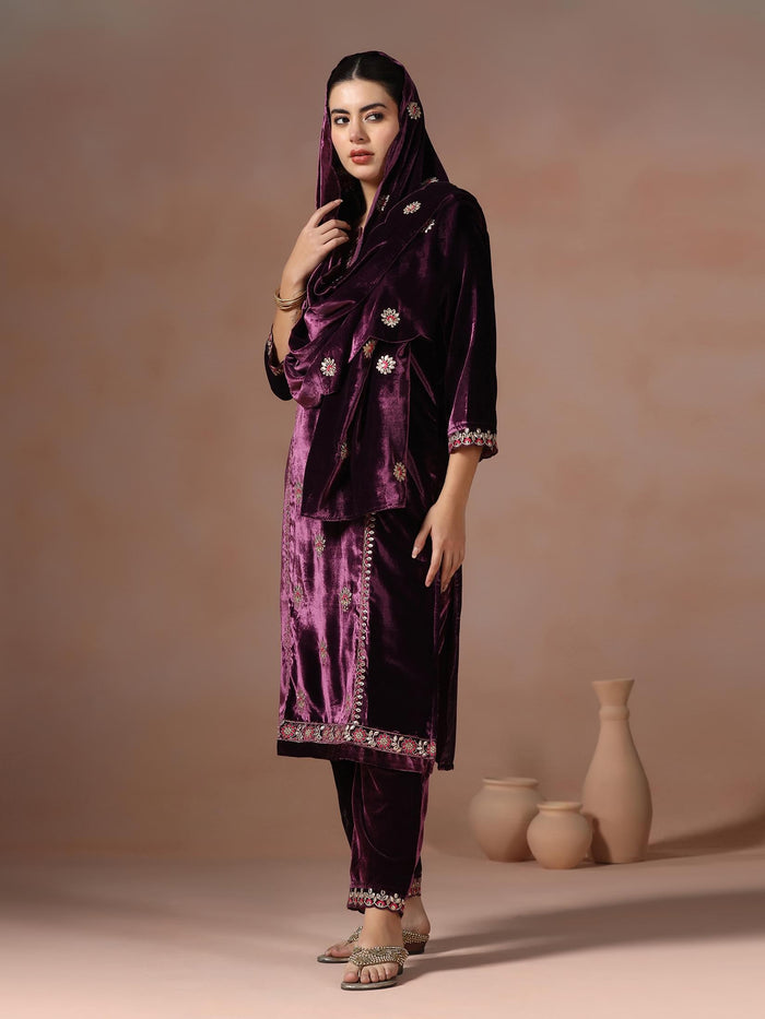 Winter Women Velvet Burgundy Embroidered Kurta Comfort Pant Dupatta.