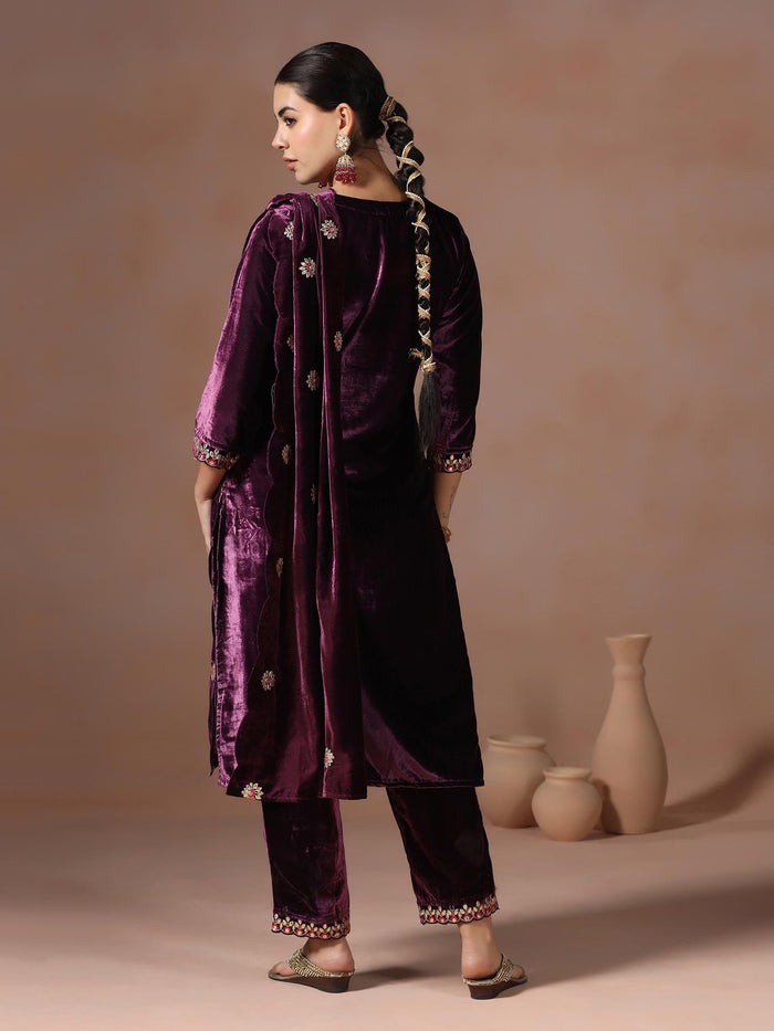 Winter Women Velvet Burgundy Embroidered Kurta Comfort Pant Dupatta.