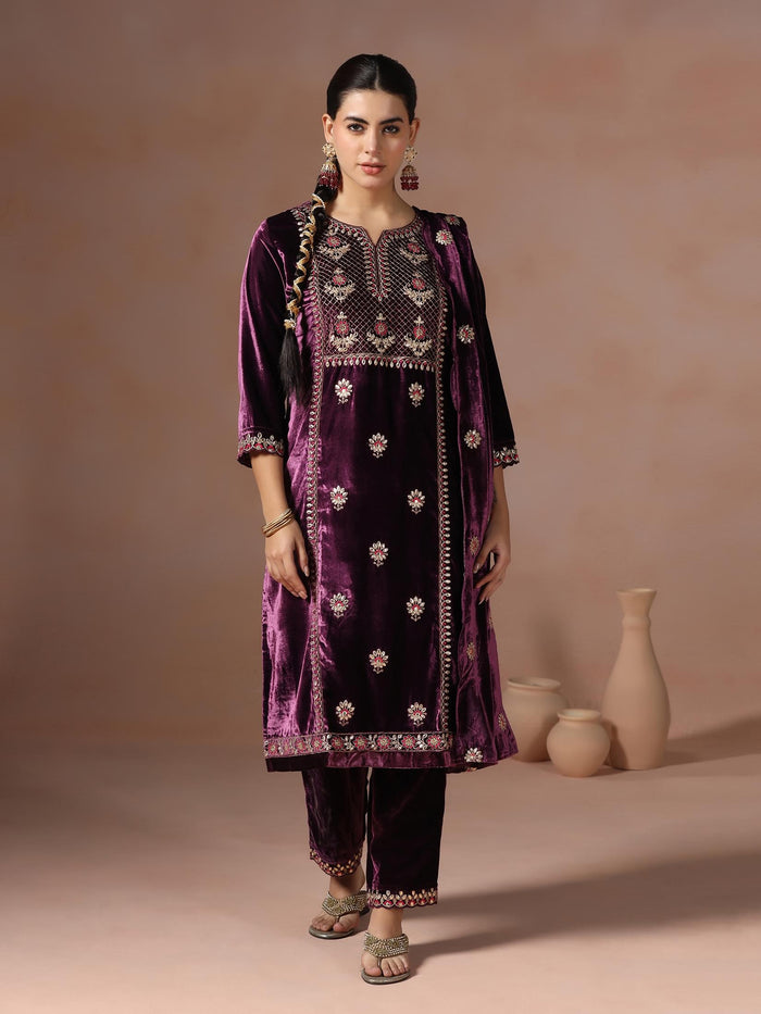 Winter Women Velvet Burgundy Embroidered Kurta Comfort Pant Dupatta.