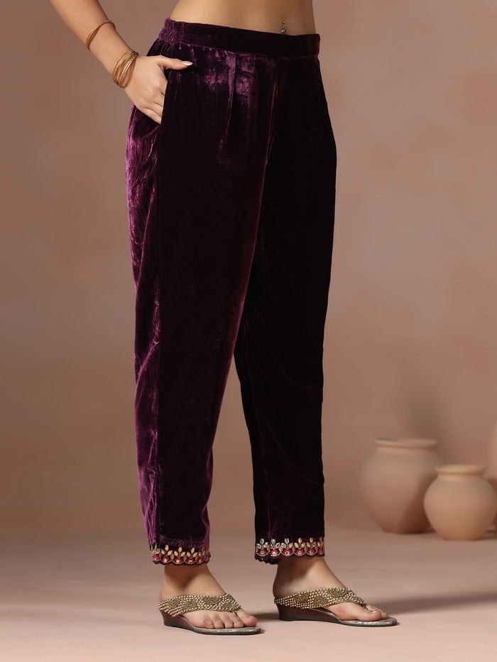 Winter Women Velvet Burgundy Embroidered Kurta Comfort Pant Dupatta.