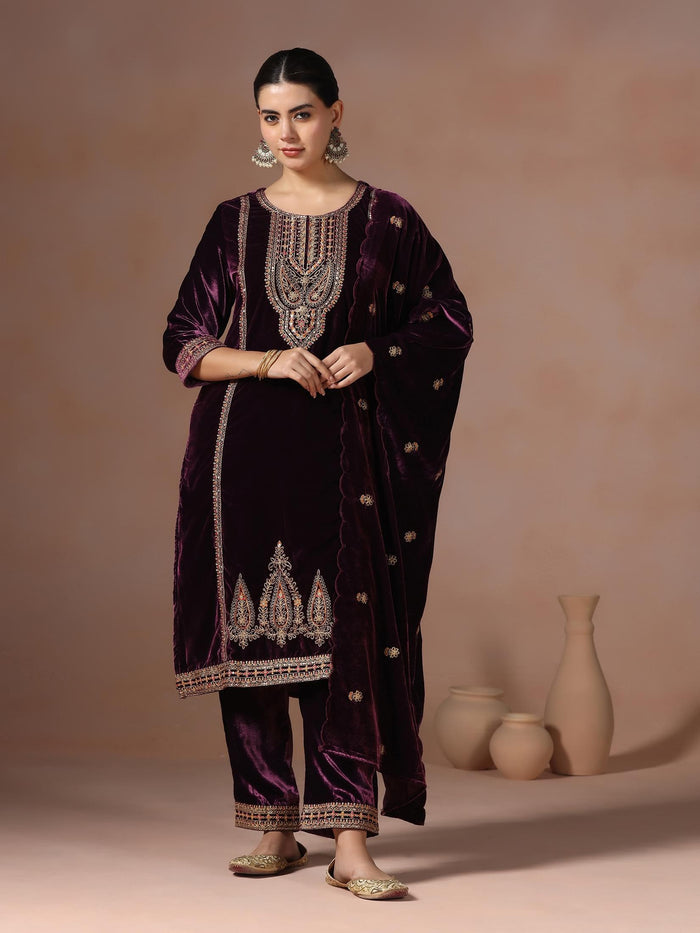 Winter Women Velvet Burgundy Embroidered Kurta With Comfort Pant Dupatta.