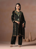 Winter Women Velvet Embroidered Blue Kurta Comfort Pant Dupatta.