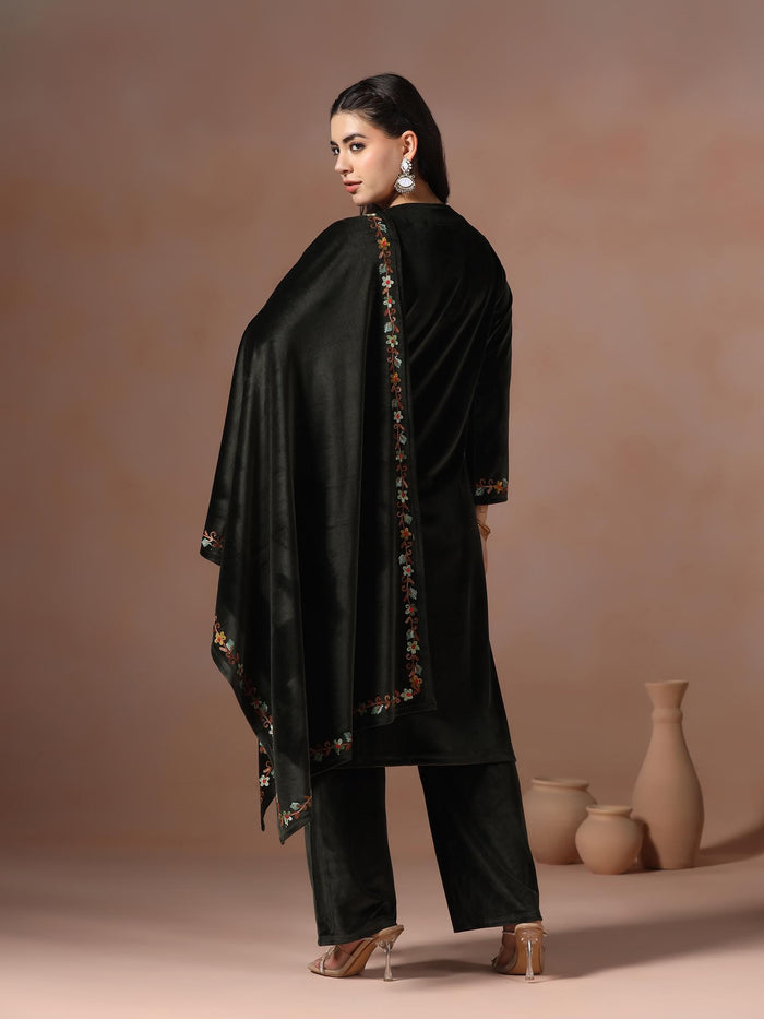 Winter Women Velvet Embroidered Blue Kurta Comfort Pant Dupatta.