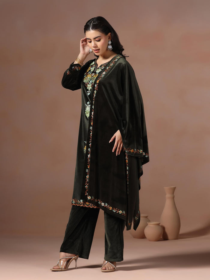 Winter Women Velvet Embroidered Blue Kurta Comfort Pant Dupatta.