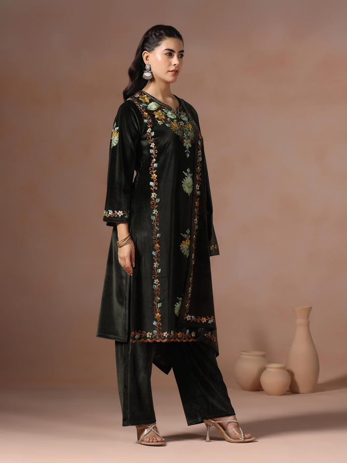 Winter Women Velvet Embroidered Blue Kurta Comfort Pant Dupatta.
