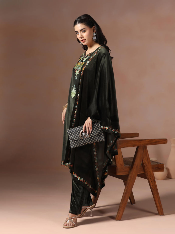 Winter Women Velvet Embroidered Blue Kurta Comfort Pant Dupatta.