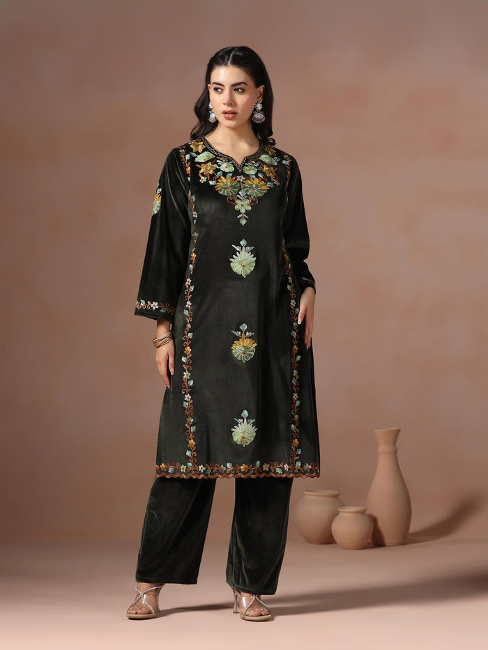 Winter Women Velvet Embroidered Blue Kurta Comfort Pant Dupatta.