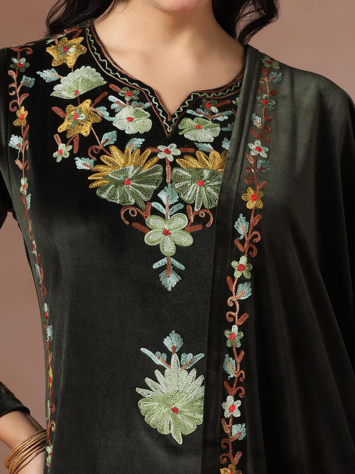 Winter Women Velvet Embroidered Blue Kurta Comfort Pant Dupatta.