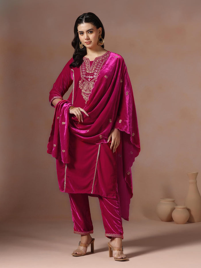 Winter Women Velvet Fuchsia Embroidered Kurta Comfort Pant Dupatta.
