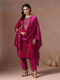 Winter Women Velvet Fuchsia Embroidered Kurta Comfort Pant Dupatta.